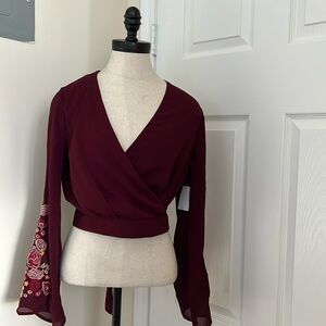 Open back V neck bell sleeve blouse